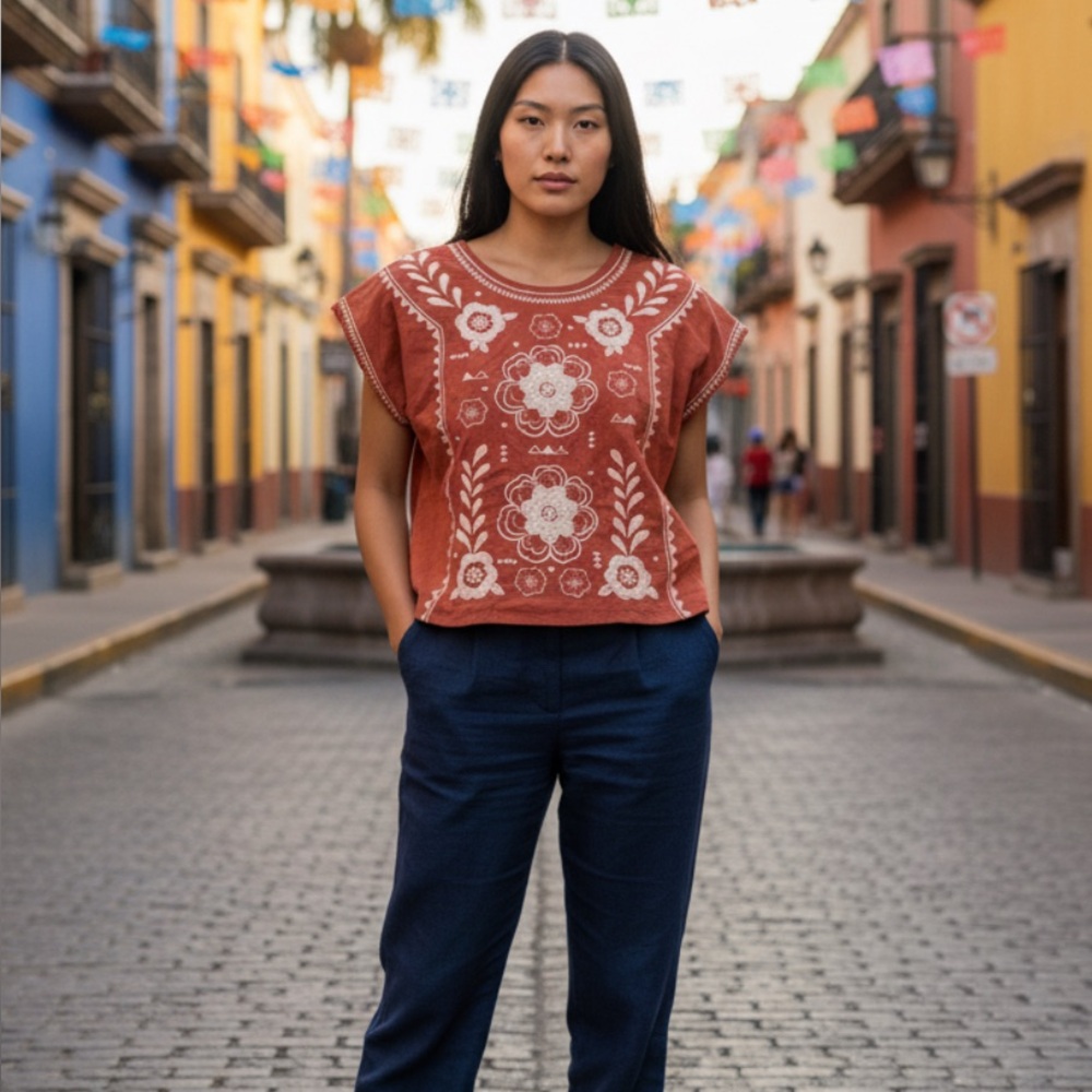 Savanna Jane Rust Floral Embroidered Boxy Top